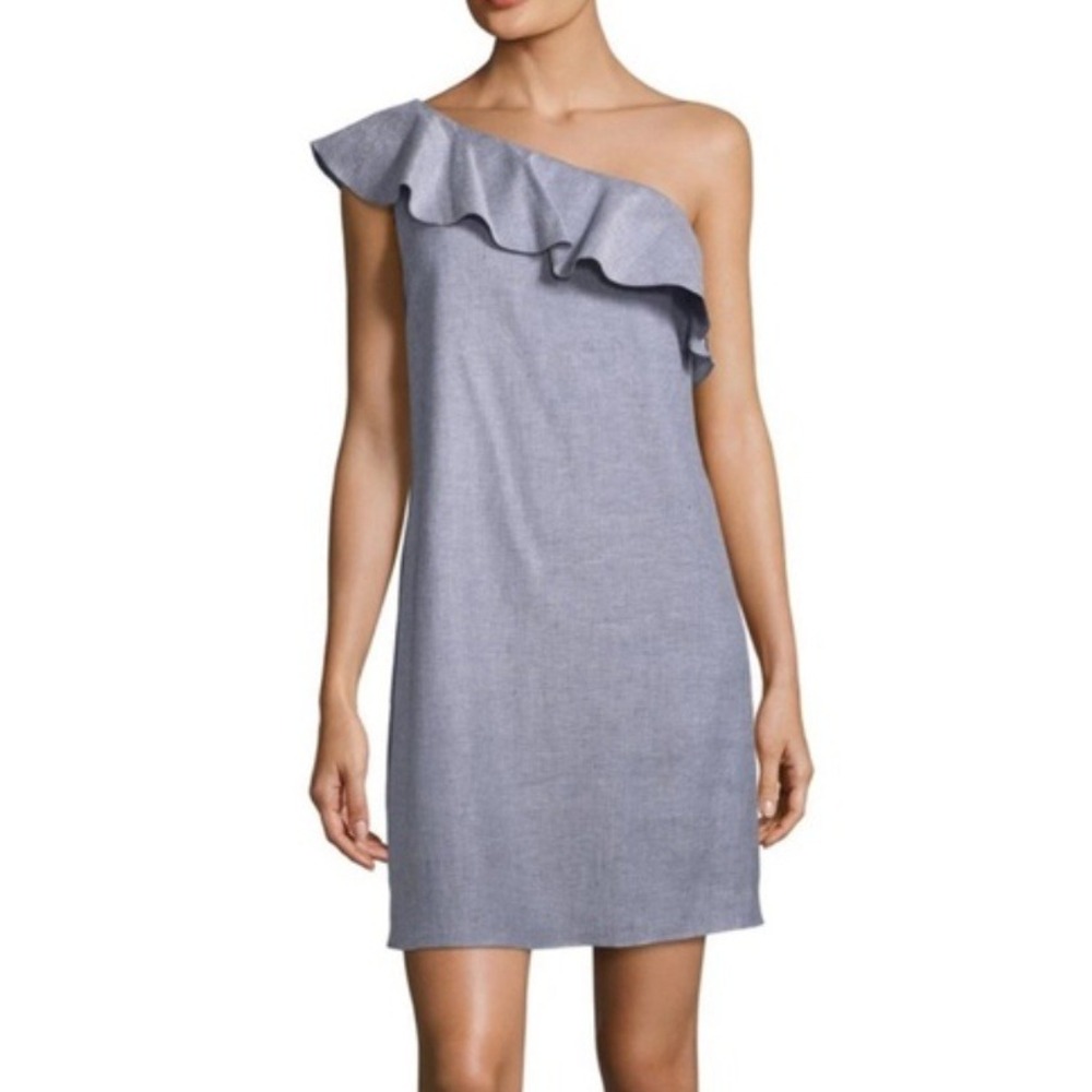 Theory Womens One Shoulder Linen-blend, Ruffled Mini Dress, Light Denim, Size 0
